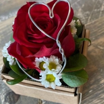 Blumenbox Herzblatt - rote Rose mit Draht-Herz